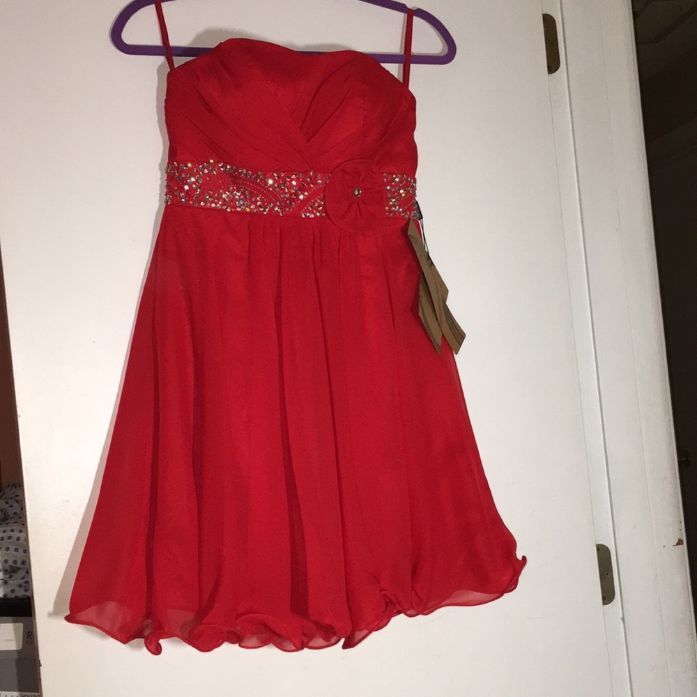 Strapless mini red dress with bedazzled waist